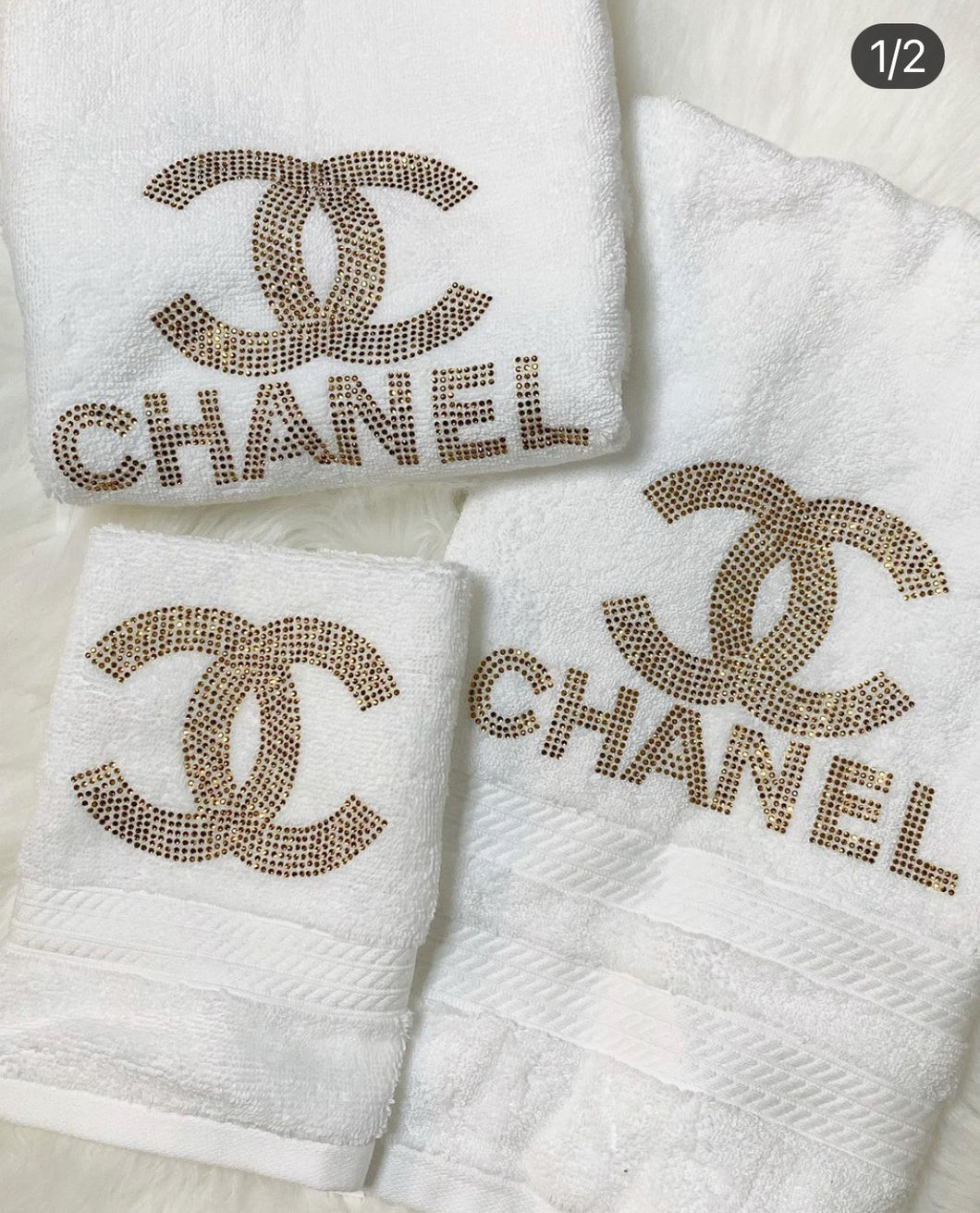 Rhinestone gold chanel logo/White color hands towels 2 size 16in x